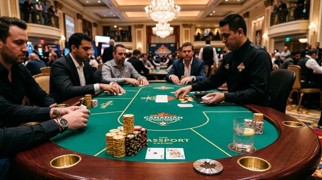 Tournament poker table with chips and cards