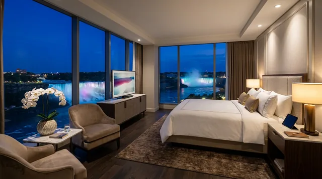Luxury executive suite interior with panoramic views of Niagara Falls